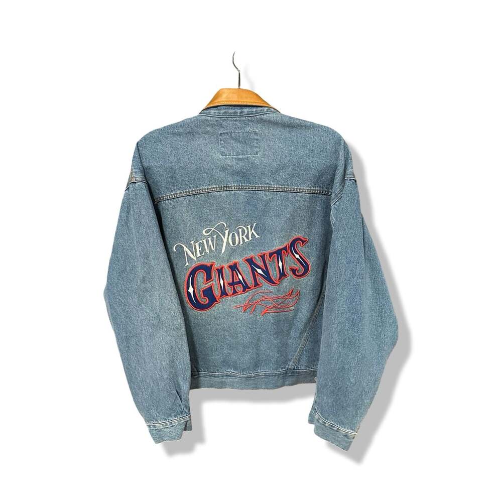 Vintage Pro Elite New York Giants Embroidered Denim Jacket with Leather Collar - Picture 4 of 4